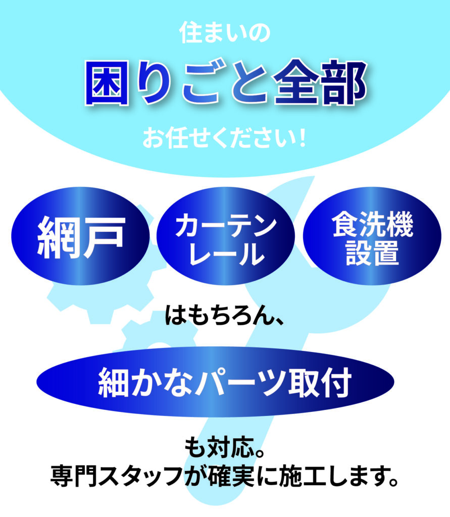 住まいの困りごと全部お任せください！

網戸
カーテンレール
食洗機設置
はもちろん、
細かなパーツ取り付け
も対応。
専門スタッフが確実に施工します。

作業前に明確提示！
納得してからご依頼ください。
網戸の設置	各窓・勝手口への網戸新設（オーダーサイズ対応）	¥5,000
カーテンレール取付	全室対応／天井付け・壁付け／採寸対応	¥5,500
食洗機の設置	分岐水栓取付／ビルトイン対応も相談可	
テレビアンテナ設置	地デジ・BS／屋根上・壁面設置など	
室内物干し設置	ホスクリーンなどの天井吊り器具の設置	¥13,000
浄水器取付	蛇口直結型／据え置き型の設置補助	
手すり設置	階段・トイレ・浴室など高齢者対応工事	¥15,000
エアコン設置	引越時の新規取付や移設補助（業者手配含む）	
収納棚設置	クローゼット内や壁面の追加棚の施工	
フロアコーティング	傷・汚れ防止の床面加工（オプション）	
カーポート取付		¥250,000
ベランダ物干し取付		
フェンス取付		
文化ロックでは、作業前に料金をきちんとご説明します。
出張費・見積もり・キャンセル料はすべて無料。
「高額請求されたらどうしよう…」という不安がない、明朗会計です。